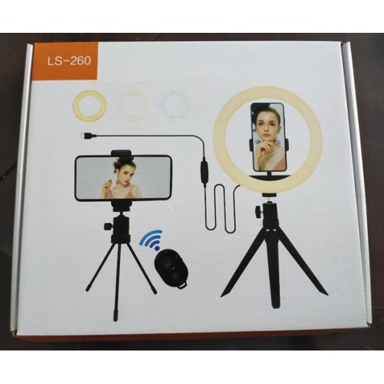 RING LIGHT LS-260-3 10.0" TWO TRIPOD STAND, PHONE HOLDER AND REMOTE FOR TAKE SHOT 3 COLOR LIGHT ADJUSTMENT BLACK RING LIGHT LS-260-3 10.0" TWO TRIPOD STAND, PHONE HOLDER AND REMOTE FOR TAKE SHOT 3 COLOR LIGHT ADJUSTMENT BLACK